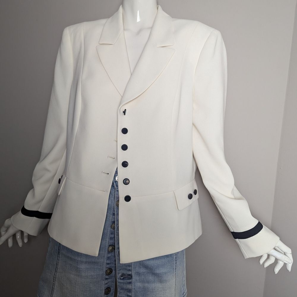 White Women's Blazer Jacket Black Accents Buttons Cuff Stripe The Suit Sz 14